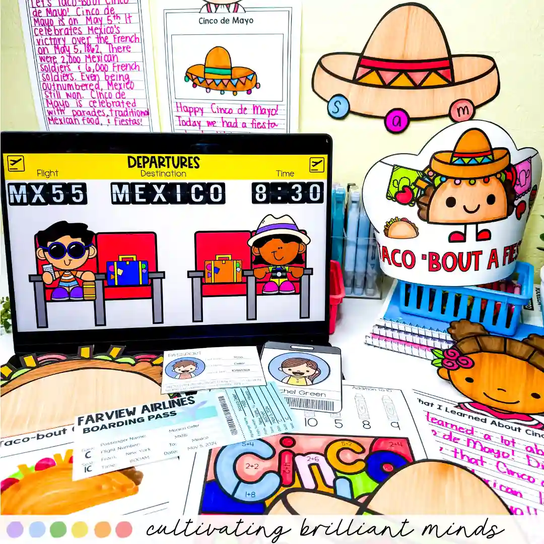 Cinco de Mayo Virtual Field Trip - Cultivating Brilliant Minds a cinco de mayo virtual field trip with activities like crown crafts, color by codes, and writing