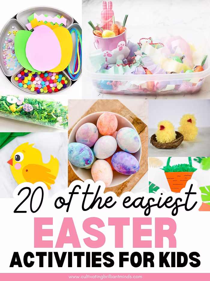 a collage of easter activities with overlay text that reads 20 of the easiest easter activities for kids