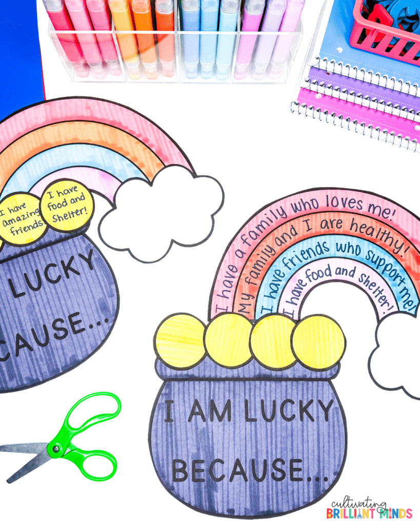 St. Patrick's Day Pot of Gold Gratitude Writing - Cultivating Brilliant Minds a pot of gold craft where students write what they are grateful for