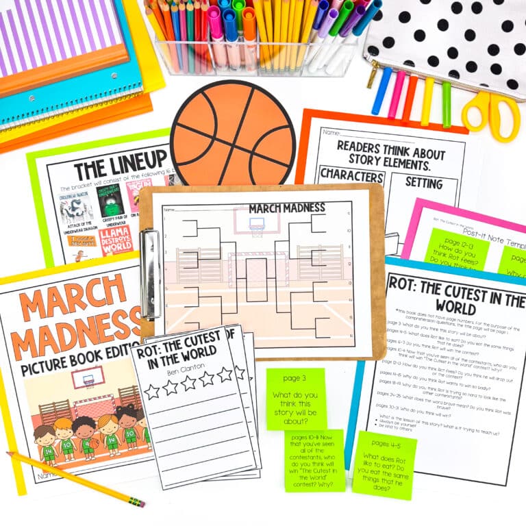 a march madness bracket and picture book review worksheets