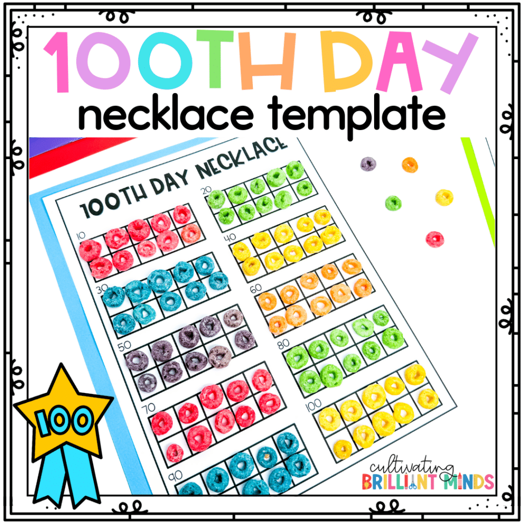 100th Day Necklace - Cultivating Brilliant Minds paper with ten frames on it and fruit loops in the ten frames