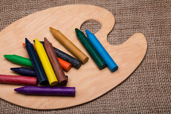 Art paint palette and crayons