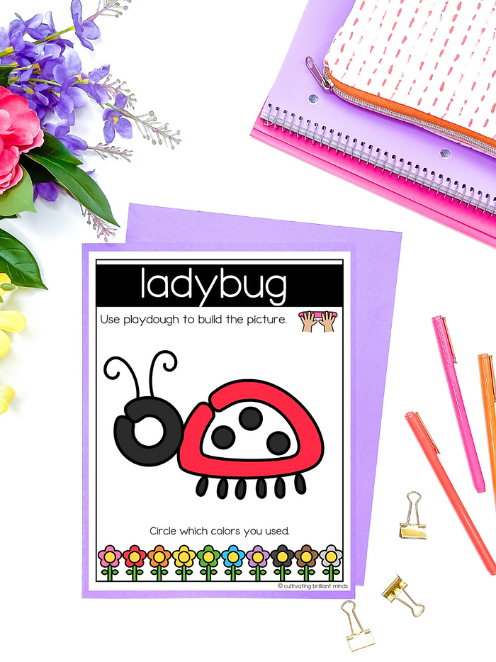 A dough mat that shows a ladybug made out of playdough.