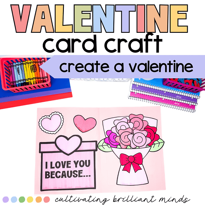 A valentine's day card craft featuring a bouquet of flowers and a writing page.