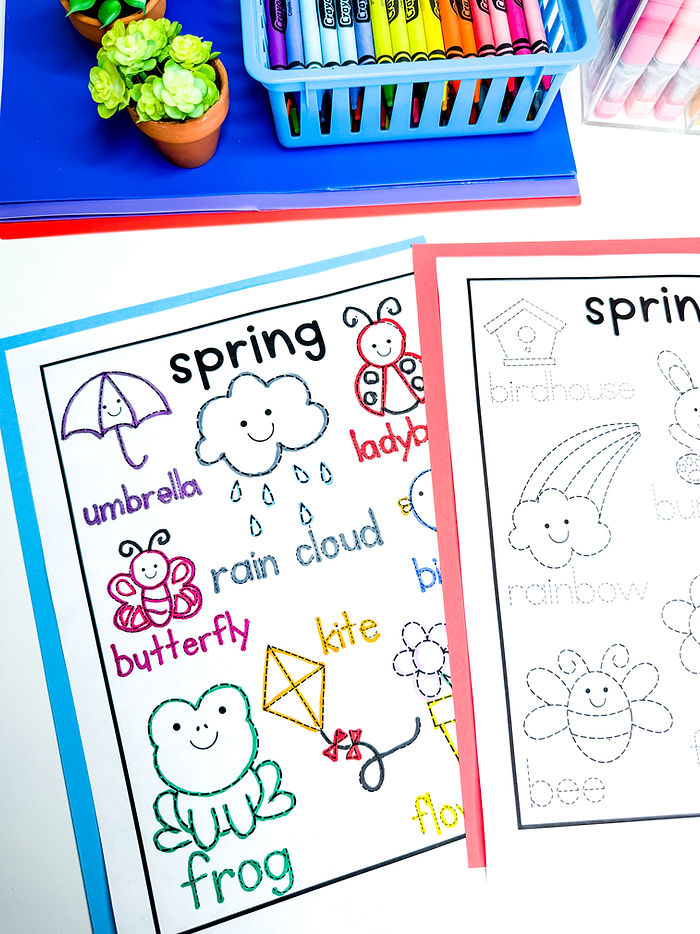 A photo of a spring tracing worksheet that includes pictures such as umbrella, Brian cloud, butterfly, and frog.