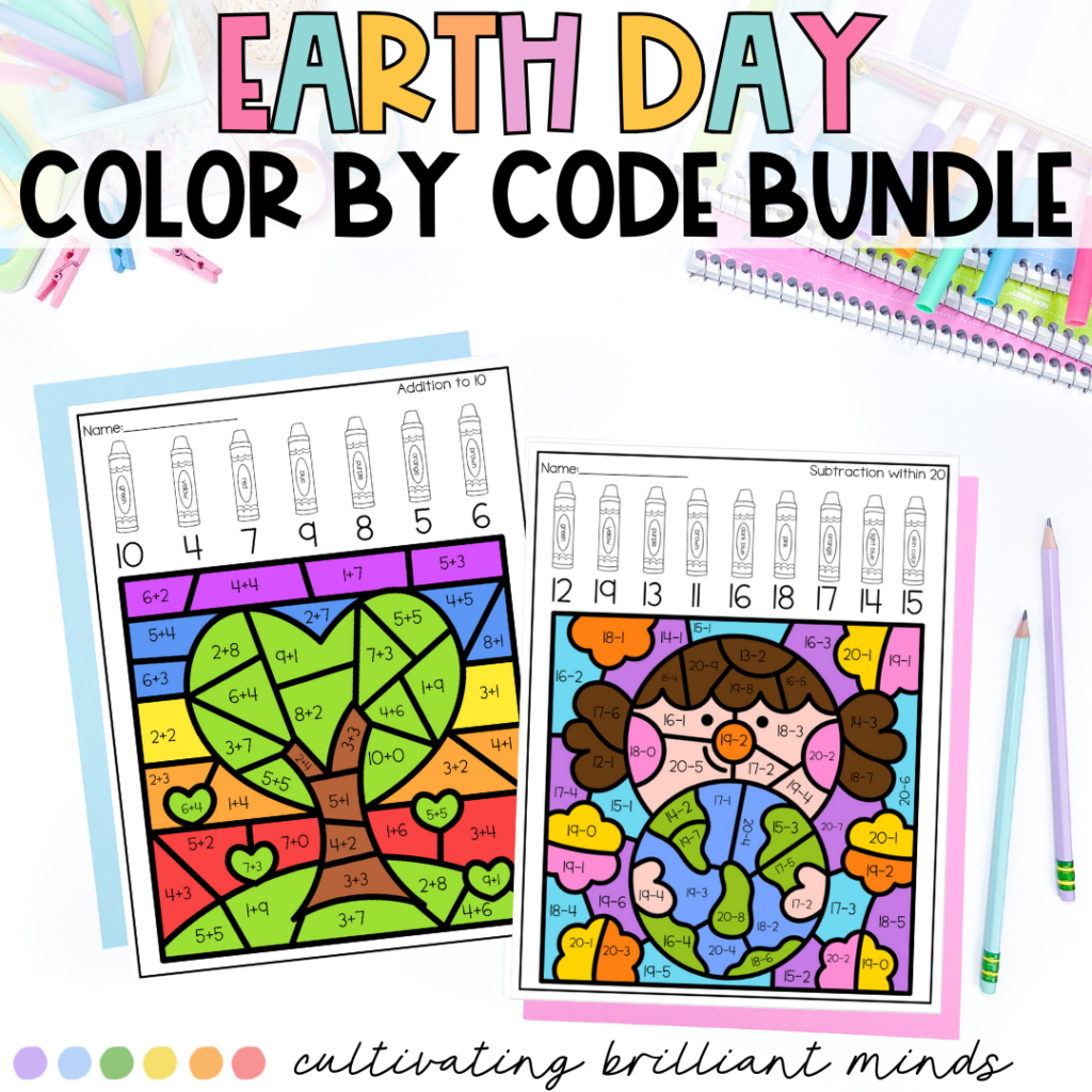 Cover earth day bundle math color by codes - Cultivating Brilliant Minds earth day color by code bundle