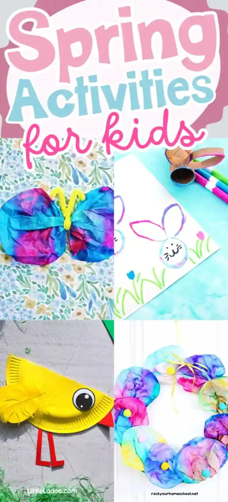 Spring Activities for Kids - Cultivating Brilliant Minds a collage of spring activities for kids- a bunny stamp art project, a coffee filter butterfly and wreath, and a paper plate chick craft