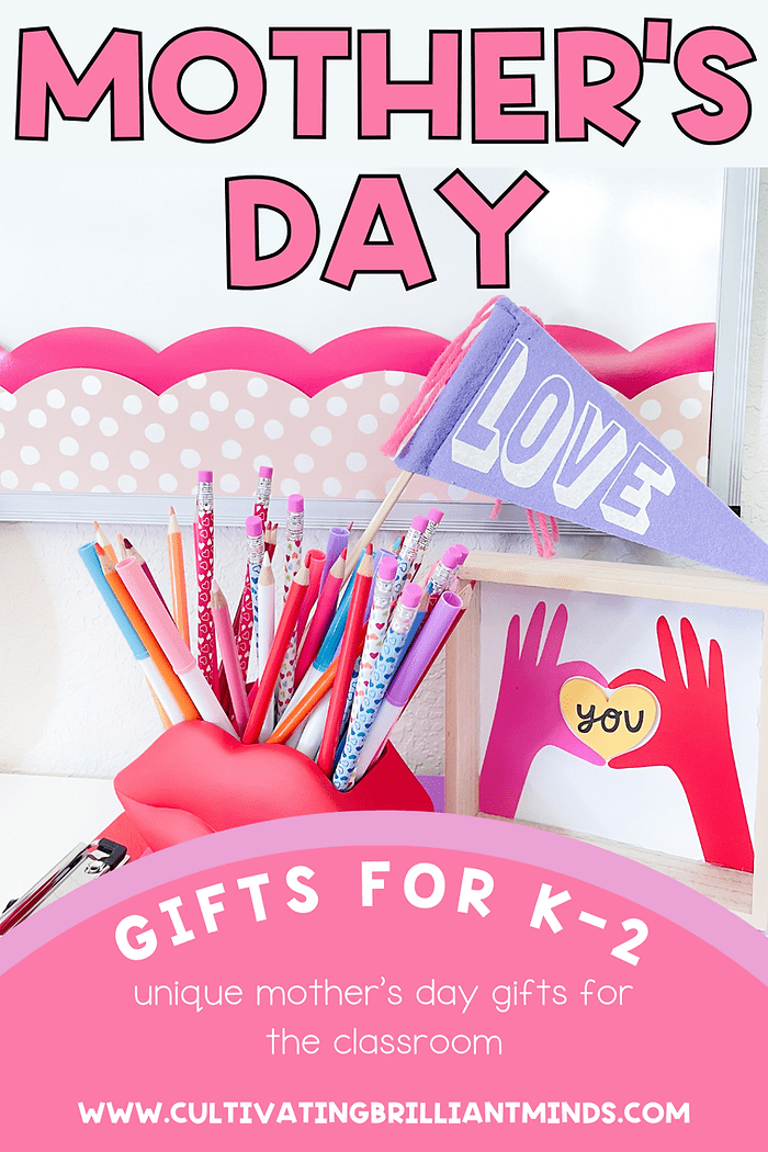 a photo of a pencil cup that has text overlay that reads: mother's day gifts for k-2