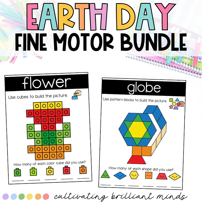 image - Cultivating Brilliant Minds earth day fine motor mats including pattern block mats and snap cube mats where students build various earth day images