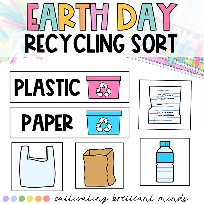 image - Cultivating Brilliant Minds earth day recycling sort with various card to sort on how to recycle them