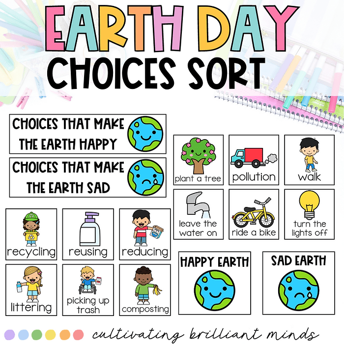 image - Cultivating Brilliant Minds earth day choices sort activity with cards for "choices that make the earth happy" and "choices that make the earth sad"