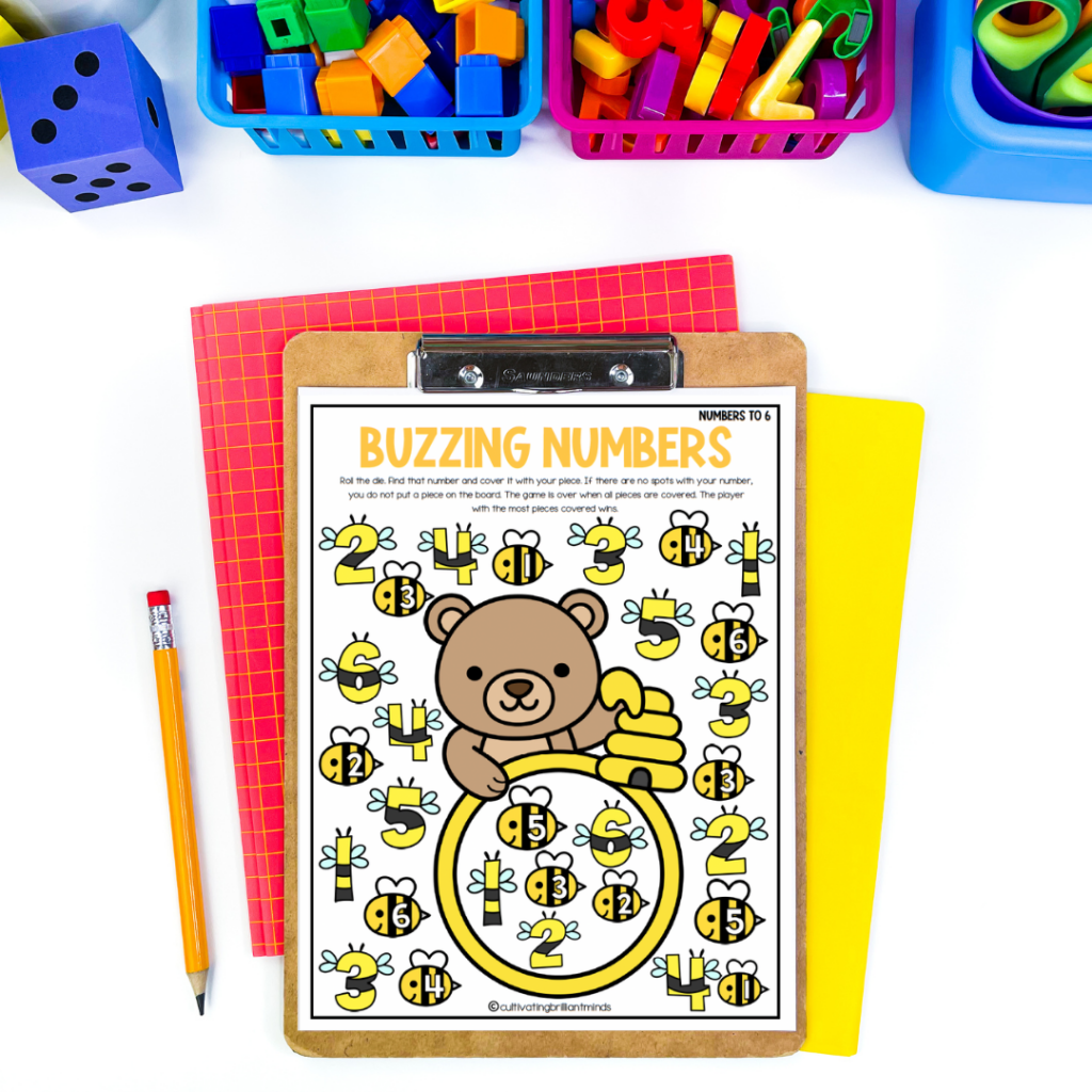 image - Cultivating Brilliant Minds A printable board game that practices number identification in numbers 1-6