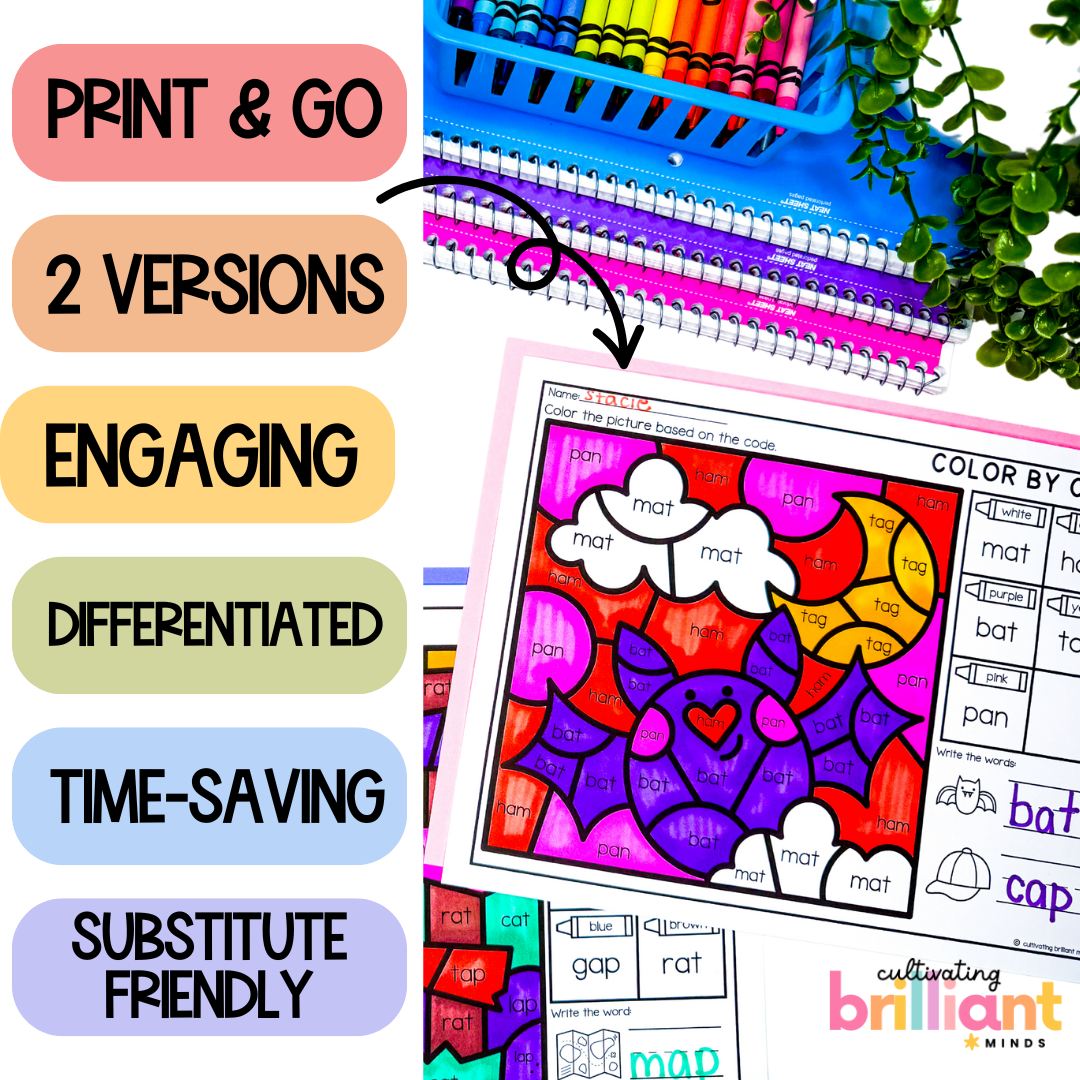 4 - Cultivating Brilliant Minds CVC short A color by codes