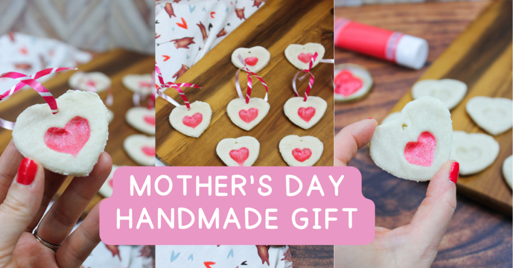 heart salt dough ornaments with a fingerprint heart in the middle