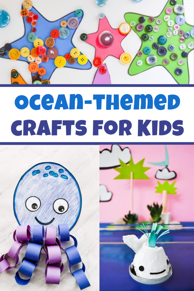 a collage of ocean-themed crafts for kids