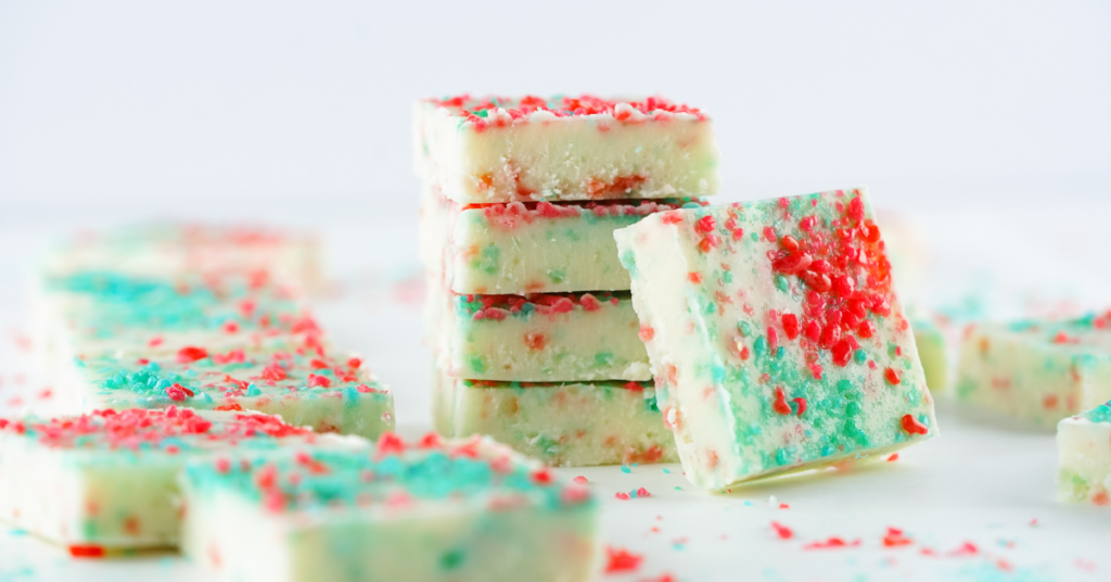 firecracker fudge made with pop rocks stacked on top of one another