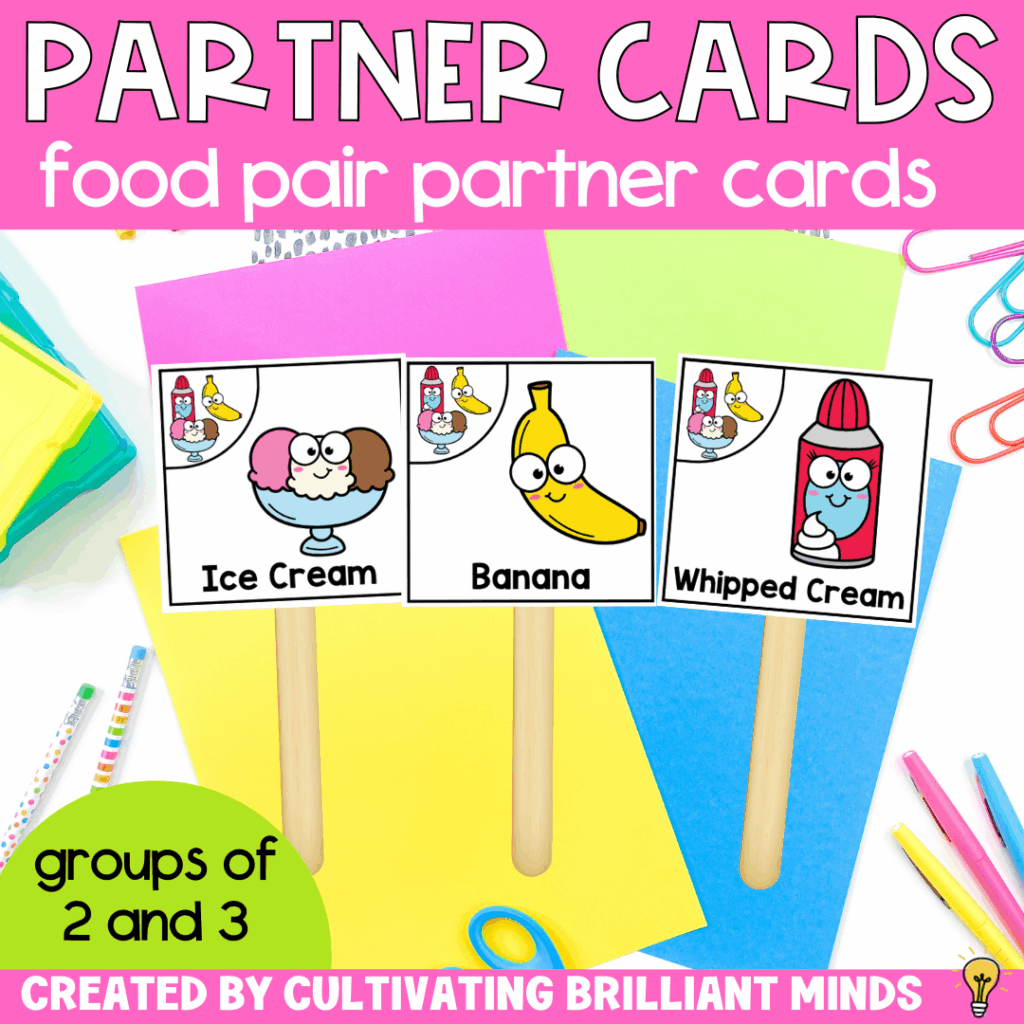 Food Pair Partner Cards - Cultivating Brilliant Minds ice cream, banana, and whipped cream partner cards to pair students up