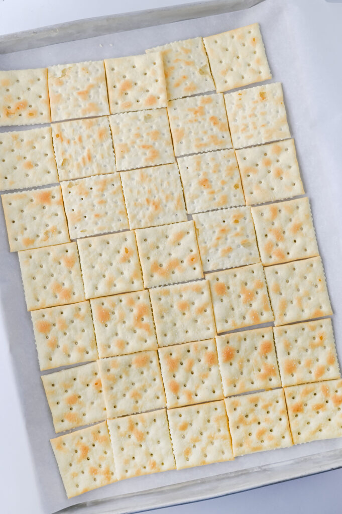 Fourth of July Crack Candy - Cultivating Brilliant Minds saltine crackers on a baking tray