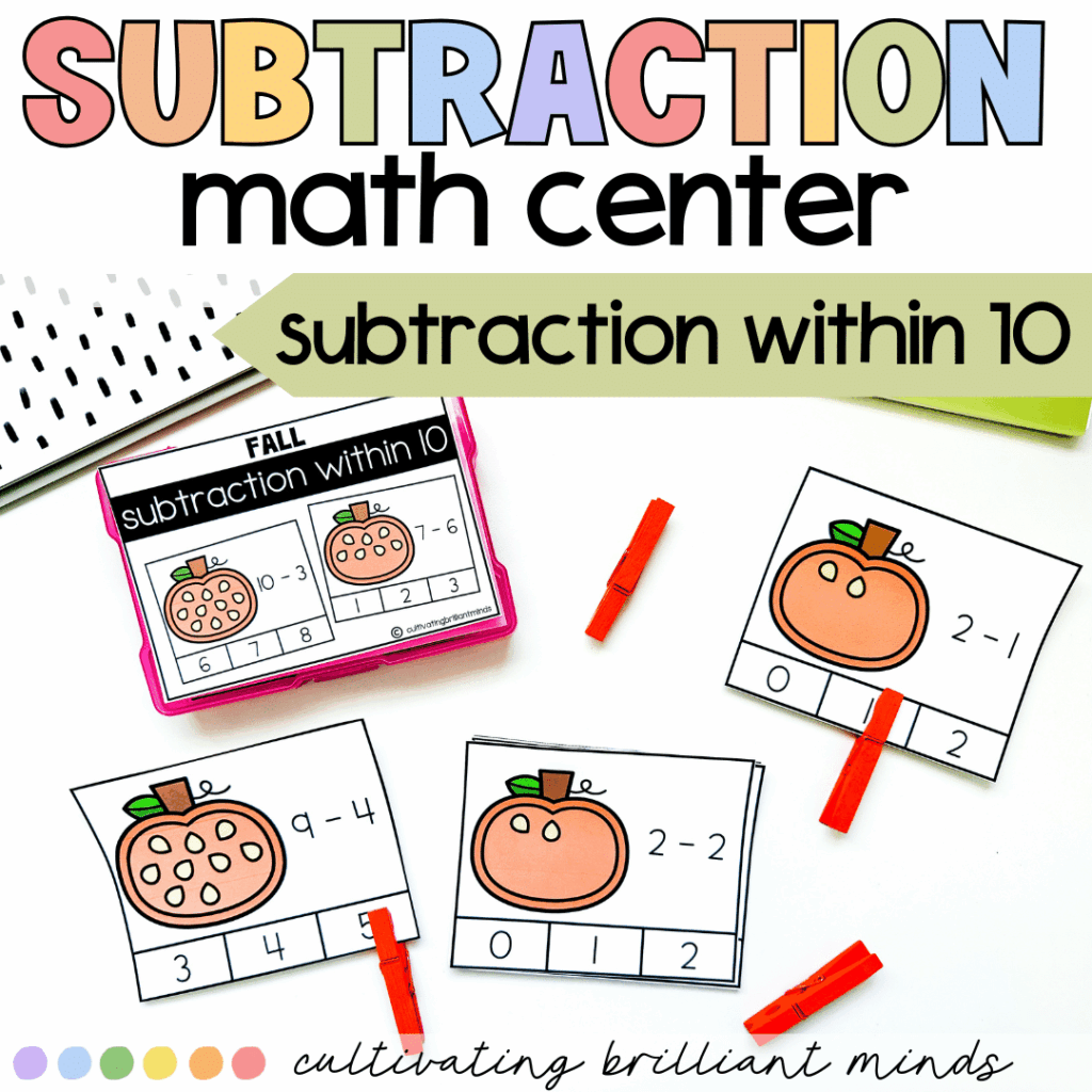 Fall Subtraction Within 10 Math Center | Pumpkin Seeds | Kindergarten ...