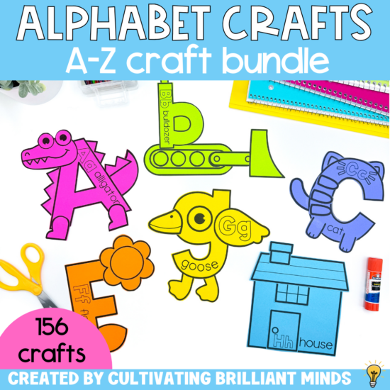 Alphabet Crafts Shaped like things that begin with that letter. There is an alligator that looks like the letter a, a bulldozer that looks like the letter b, a cat, flower, goose, and house.
