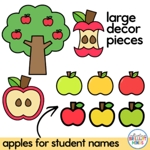 Bright classroom decor collage with a green apple tree, red apples, a bitten red apple, yellow and green apples, and the words 'large decor pieces'.