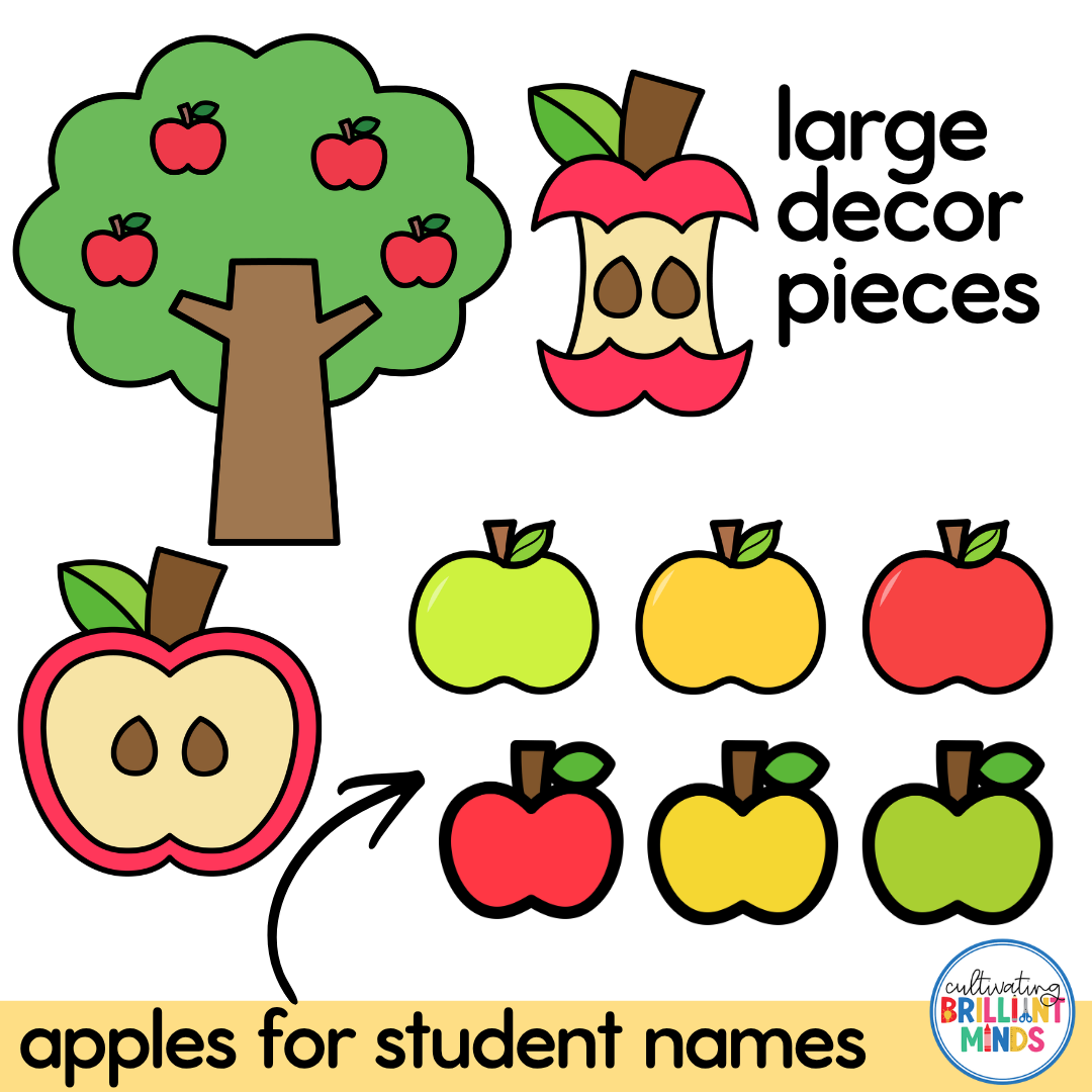Apple Bulletin Board - Cultivating Brilliant Minds Bright classroom decor collage with a green apple tree, red apples, a bitten red apple, yellow and green apples, and the words 'large decor pieces'.