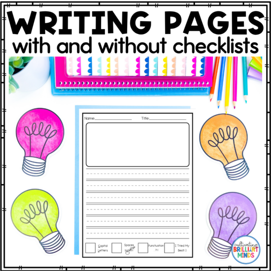 Cover image for a writing pages product, showing a desk with colorful notebooks, pencils, and illustrated light bulbs around a blank writing page, with the text 'WRITING PAGES with and without checklists' at the top.