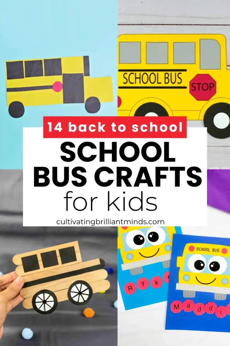 a collage of school bus crafts for kids with text that reads "14 back to school school bus crafts for kids"