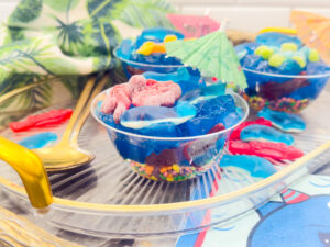 ocean jello cups with candy octopus and shark on top