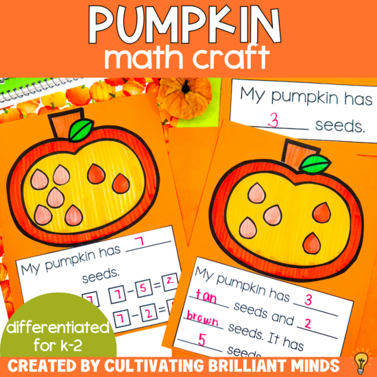 a pumpkin math craft where students count the number of seeds and fill out addition equations