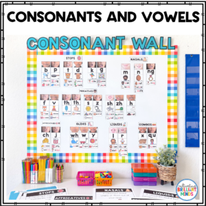 Colorful classroom poster 'Consonants and Vowels' showing a 'Consonant Wall' with letter groups and pictures illustrating stops, nasals, fricatives, and more.