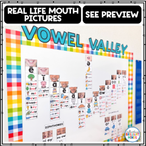 Classroom bulletin board titled 'Vowel Valley' with colorful border and tiles showing vowel sounds and picture cards for literacy practice.