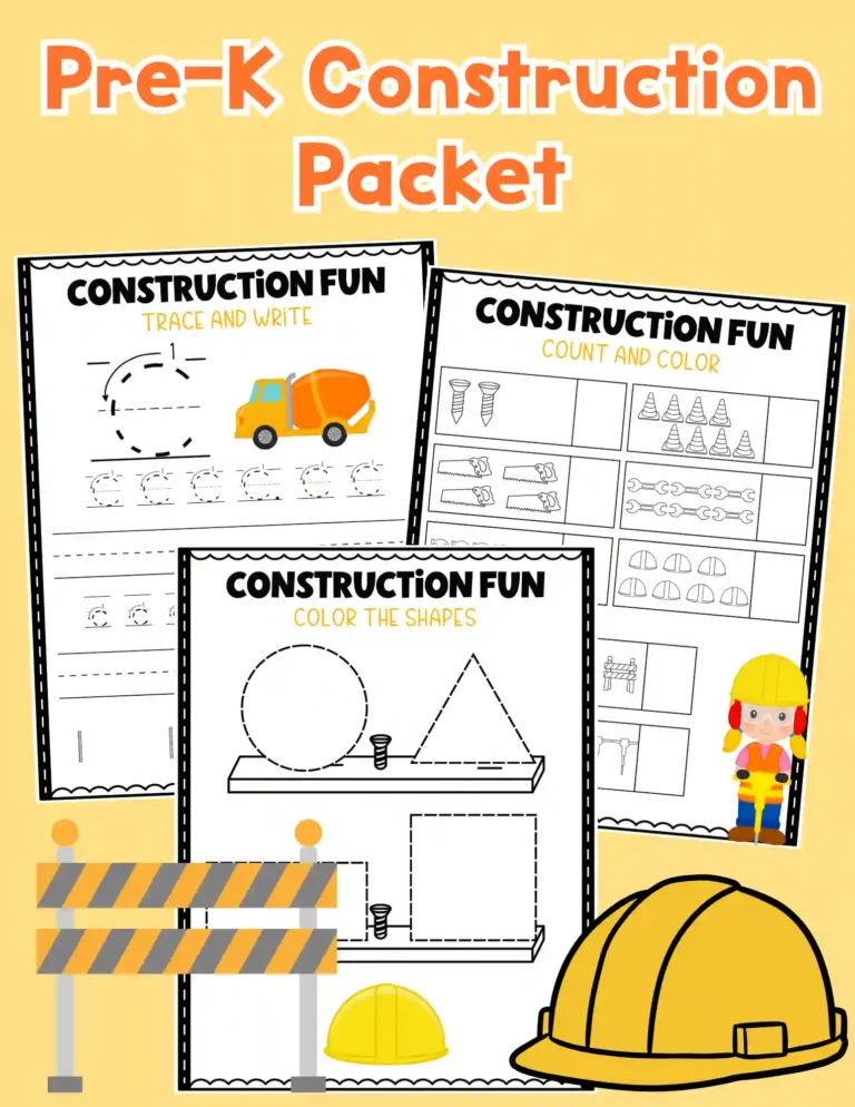 construction themed worksheets to practice shapes, letters, and counting