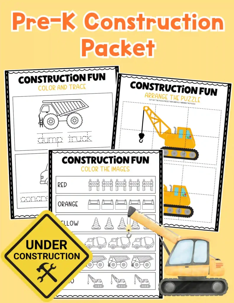 Pre-K Construction Packet - Cultivating Brilliant Minds construction themed worksheets to practice shapes, letters, and counting