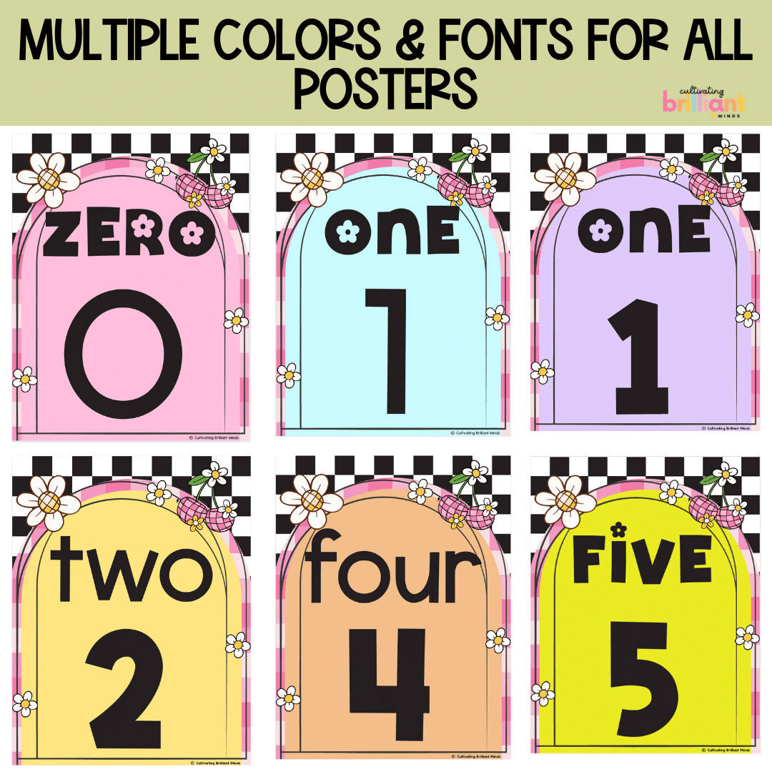3 - Cultivating Brilliant Minds Number Posters with several color and font options