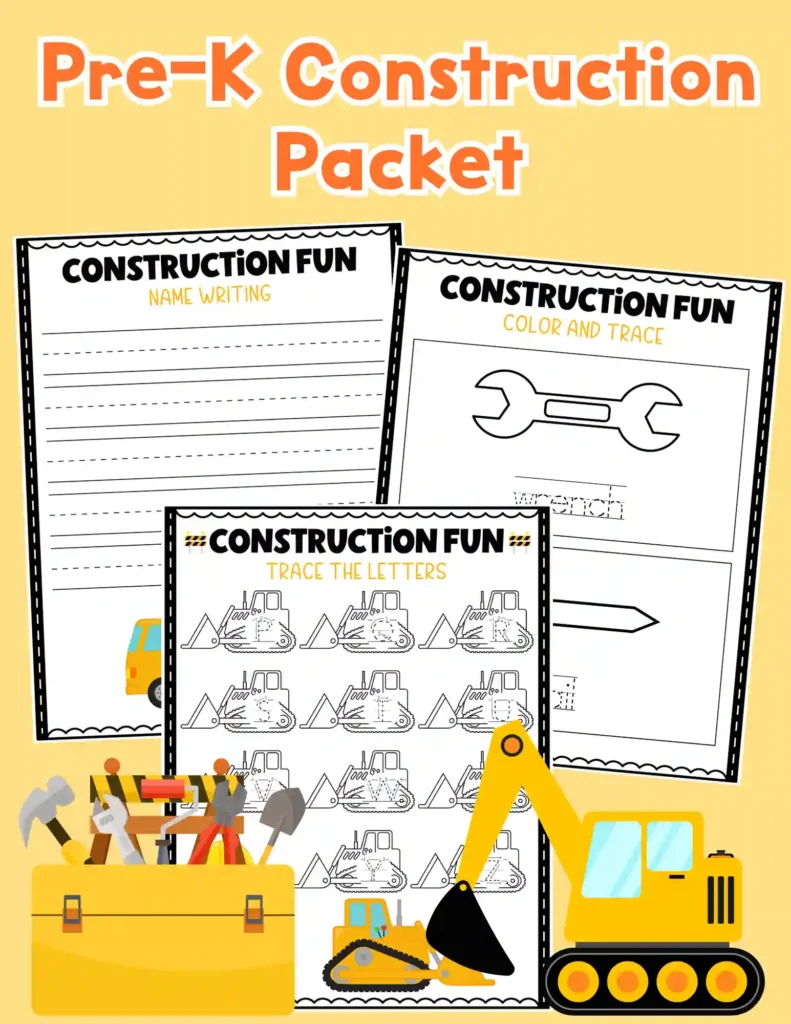 Pre-K Construction Packet - Cultivating Brilliant Minds Preschool Construction Packet: construction themed worksheets to practice shapes, letters, and counting