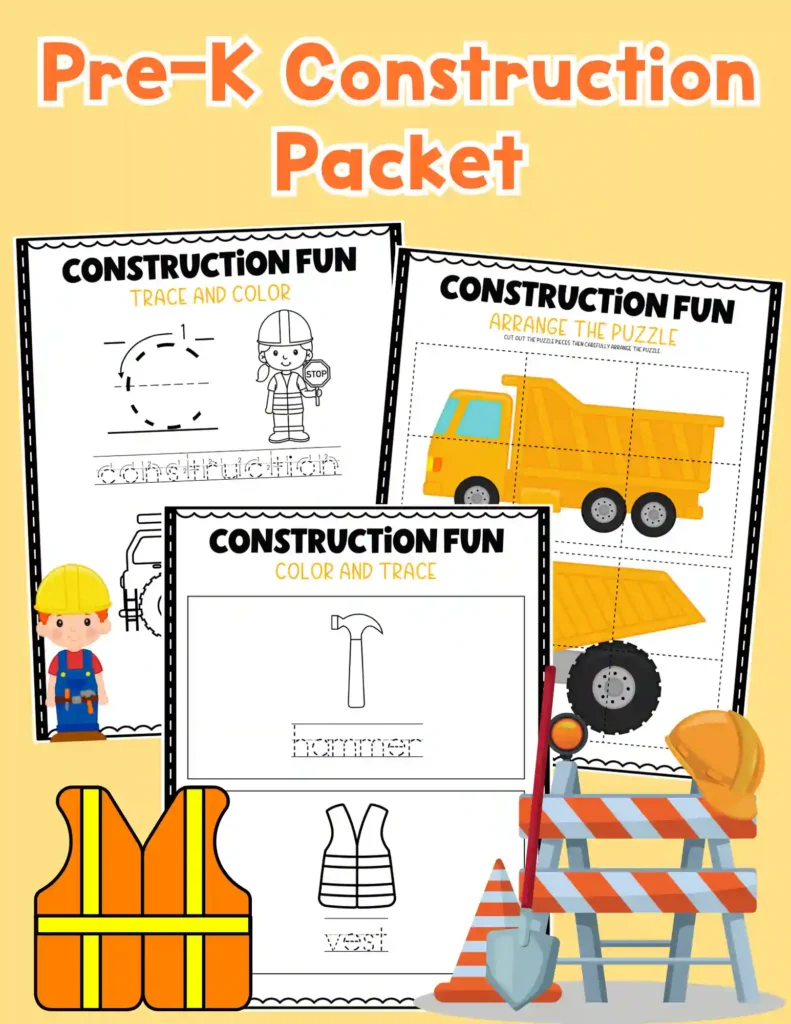 Pre-K Construction Packet - Cultivating Brilliant Minds construction themed worksheets to practice shapes, letters, and counting