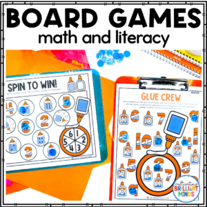 glue-themed board games that focus on math and literacy skills for first grade