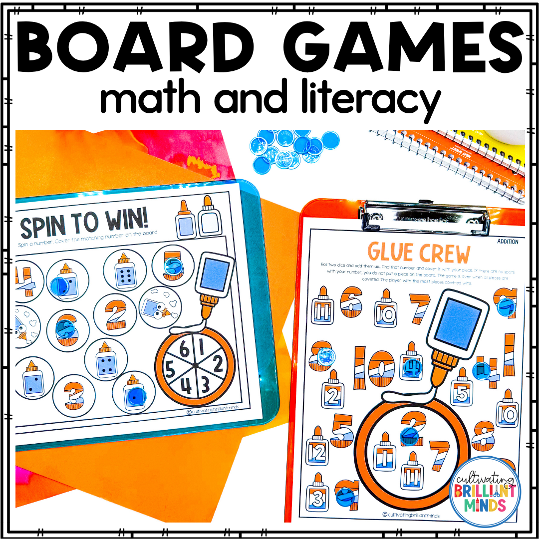 Glue Board Games - Cultivating Brilliant Minds glue-themed board games that focus on math and literacy skills for first grade