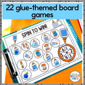 glue-themed board games that focus on math and literacy skills for first grade