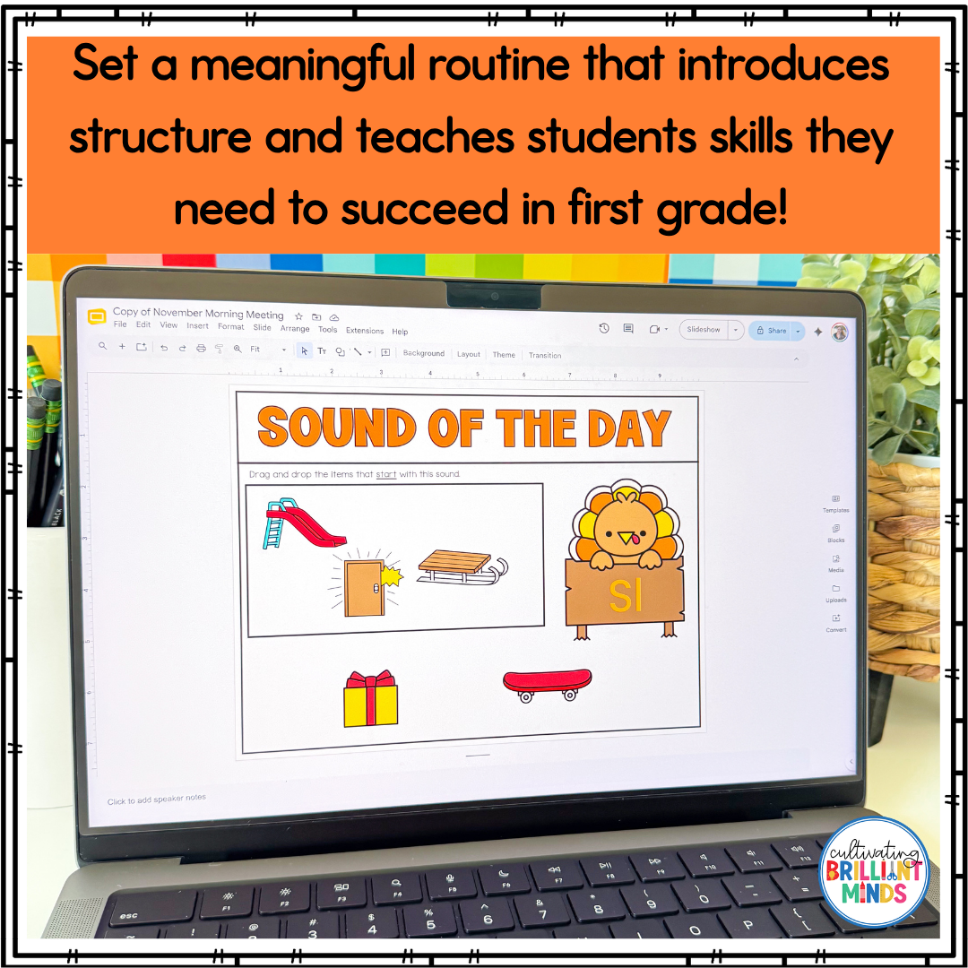 November Morning Meeting - Cultivating Brilliant Minds november morning meeting slides for first grade on a laptop