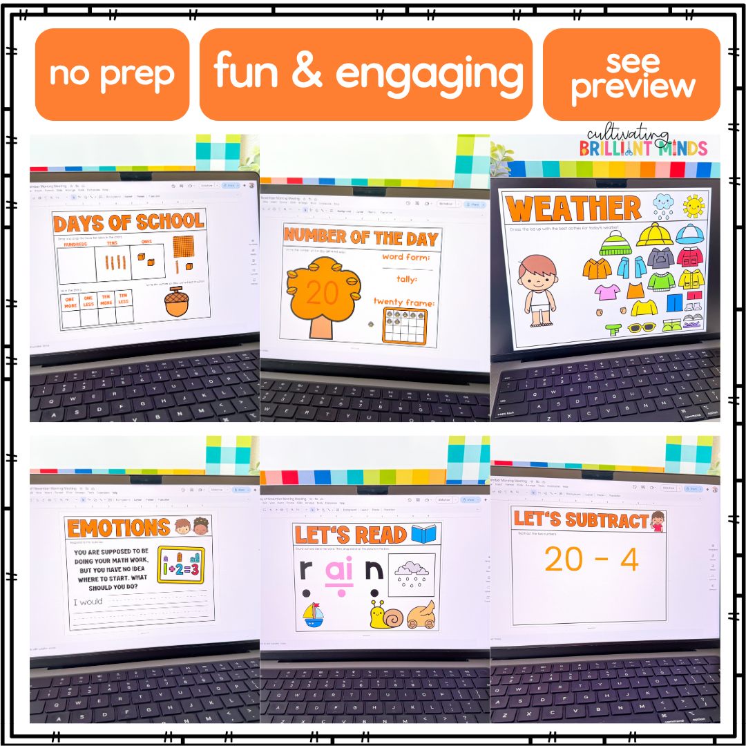 November Morning Meeting - Cultivating Brilliant Minds november morning meeting slides for first grade on a laptop