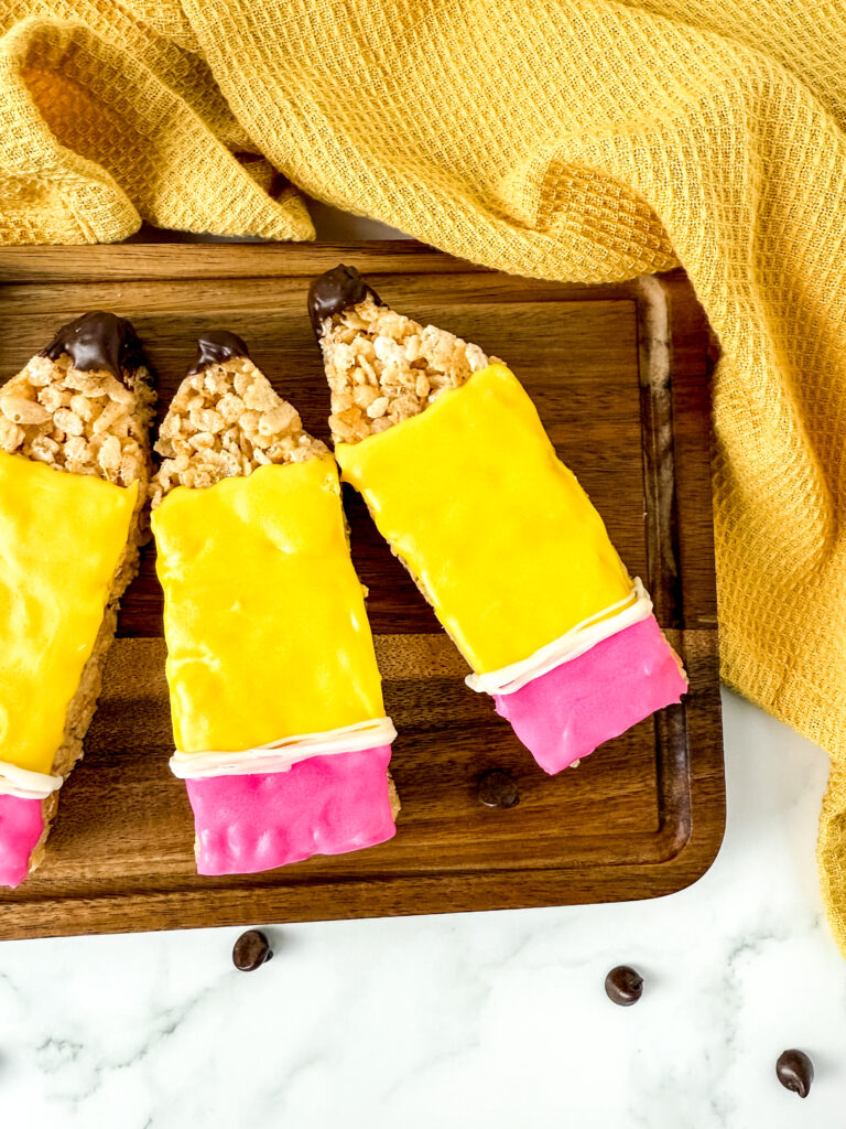 Pencil Rice Cereal Treats on Marble7 - Cultivating Brilliant Minds back to school snack