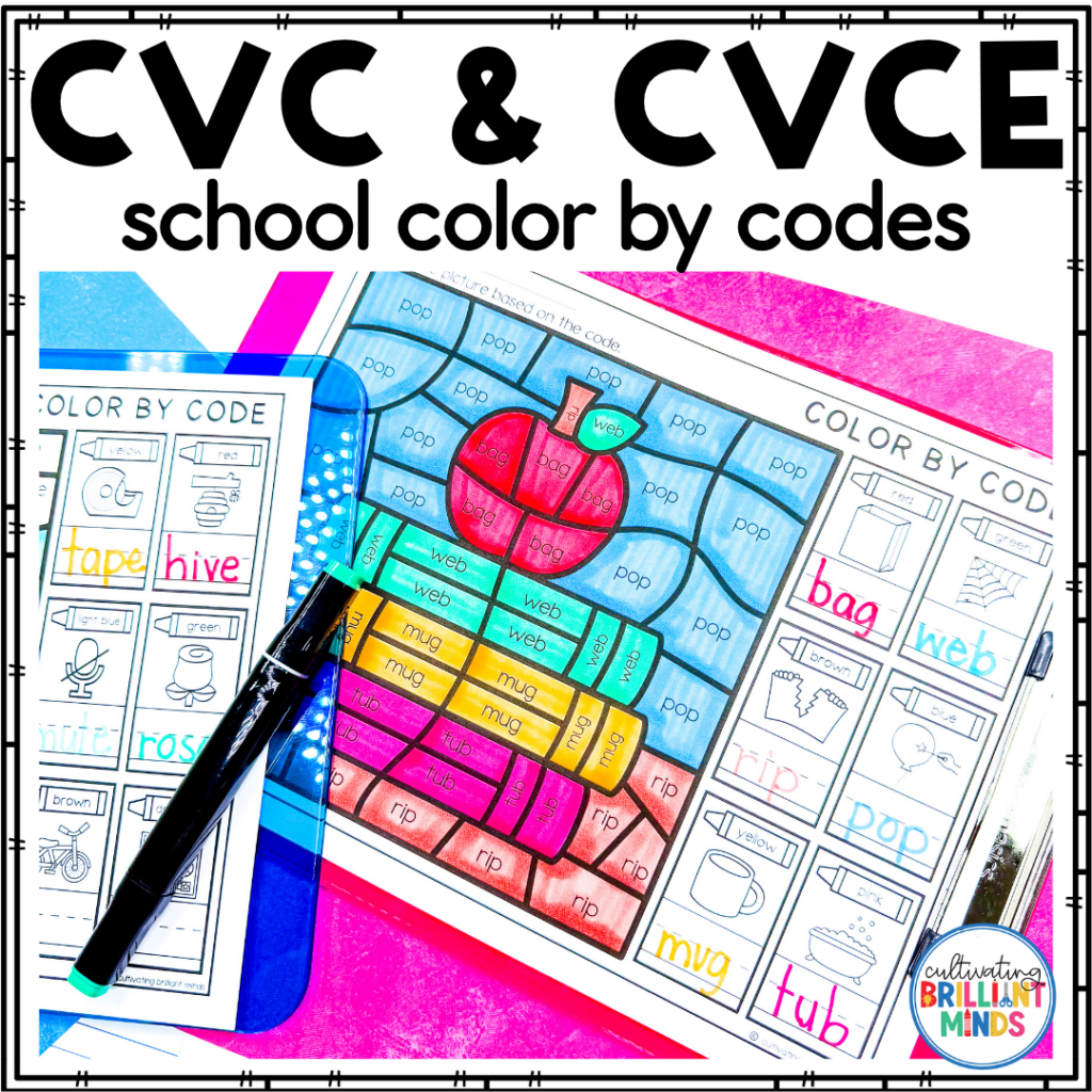 school-themed color by codes that focus on cvc and cvce words
