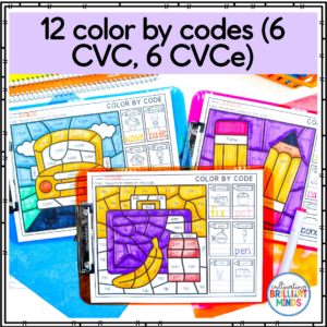 school-themed color by codes that focus on cvc and cvce words