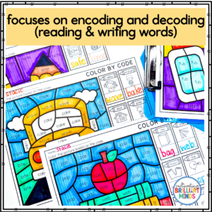 school-themed color by codes that focus on cvc and cvce words