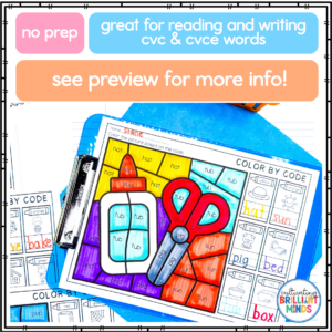 Color-by-code reading activity sheet with bright color blocks labeled with words like hat, sun, tub, bed, box, and pig; binder clip and blue clipboard in the background. Banner text hints at use for reading and writing CVC and CVCE words.
