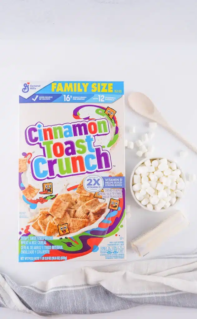 Cinnamon Toast Crunch Treats - Cultivating Brilliant Minds cinnamon toast crunch, marshmallows, butter, and a wooden spoon