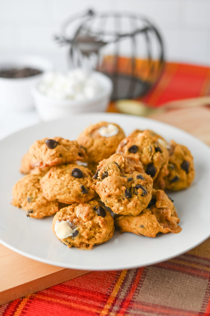 pumpkin s'mores cookies - Cultivating Brilliant Minds pumpkin s'mores cookies on a plate in a kitchen