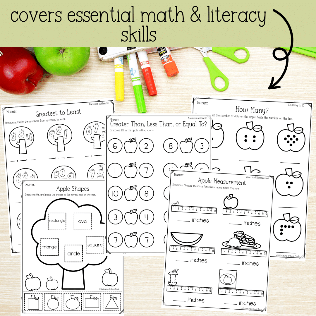 3 - Cultivating Brilliant Minds Autumn apples no-prep literacy and math worksheets